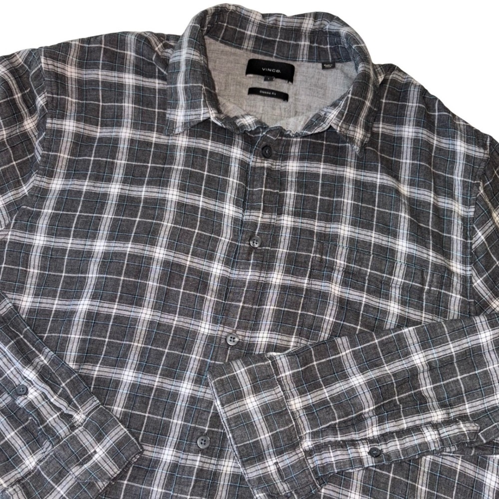 Vince Mens Plaid Button Down Shirt L Gray Blue Cotton Luxe Designer Classic Fit